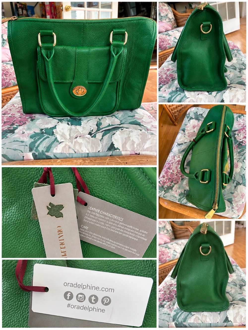 Ora Delphine Green Pebbled Leather Satchel with Gold Hardware